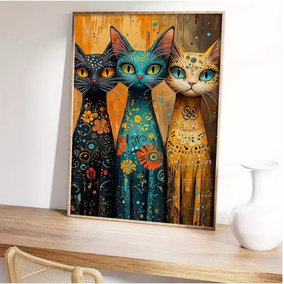 Cat Trio Long-Neck Cat Canvas Print Whimsical Unframed Floral & Folk Art Pattern - Picture 4 of 6
